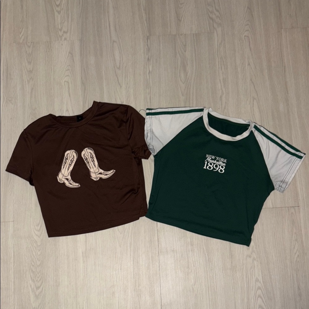 🛍️SHEIN t-shirt lot Brown Boot Graphic Tee & Green Sporty Stripe Tee small
